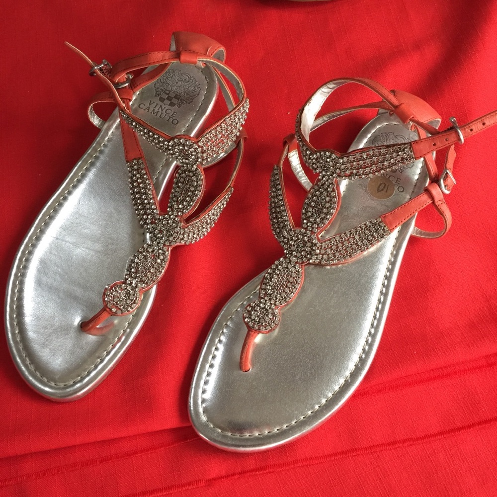 Coral and Bling Leather Thong Ankle Strap Sandals